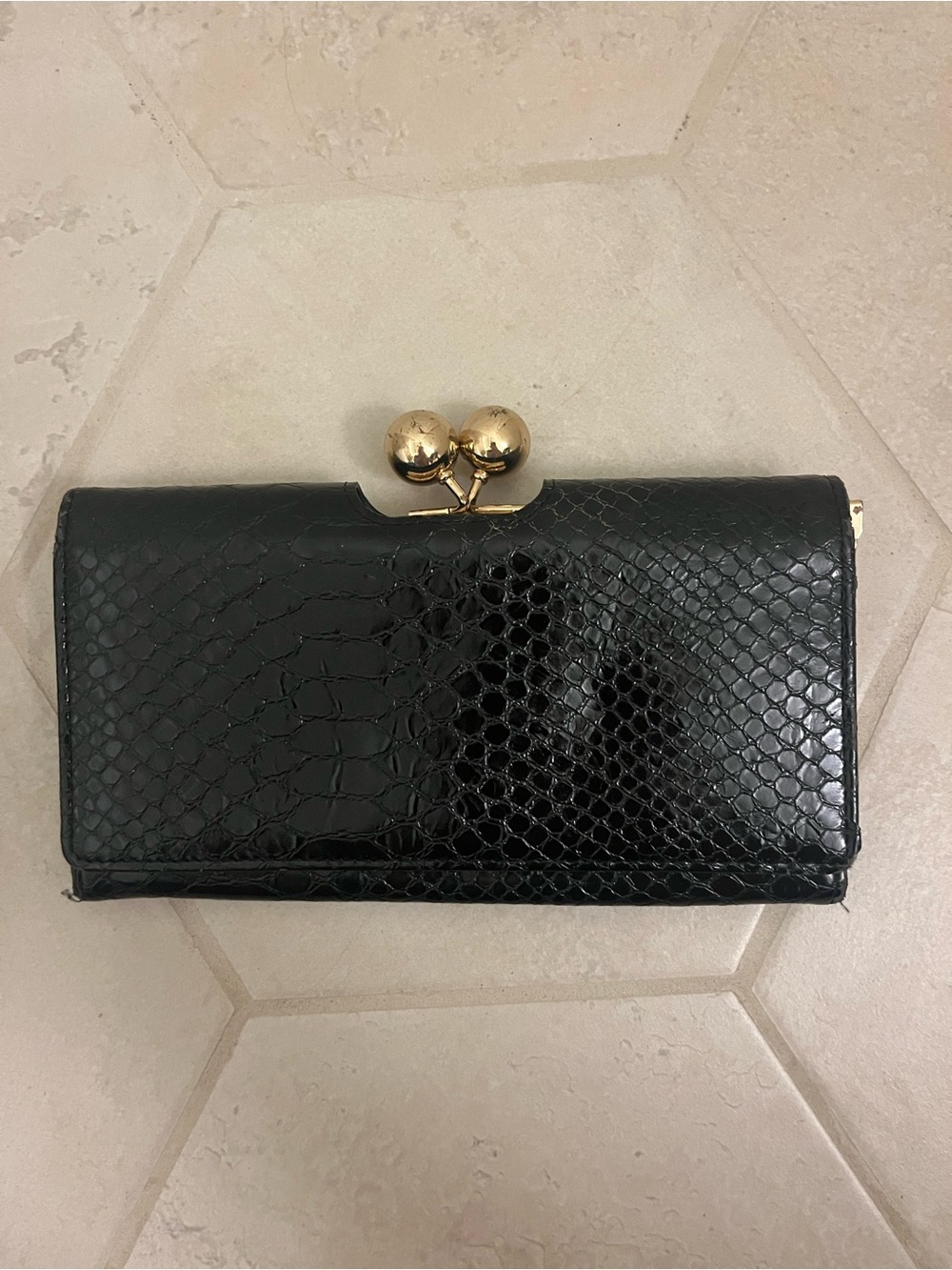 Black Faux-Snake Clutch Wallet with Gold Kiss-Lock